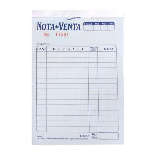 100pzs Notas de venta